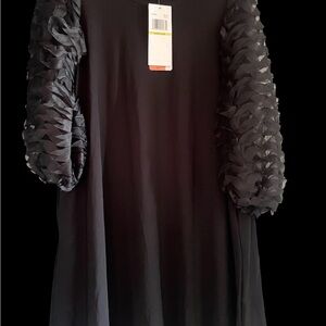 Nina Leonard Black Dress with Textured Sleeves